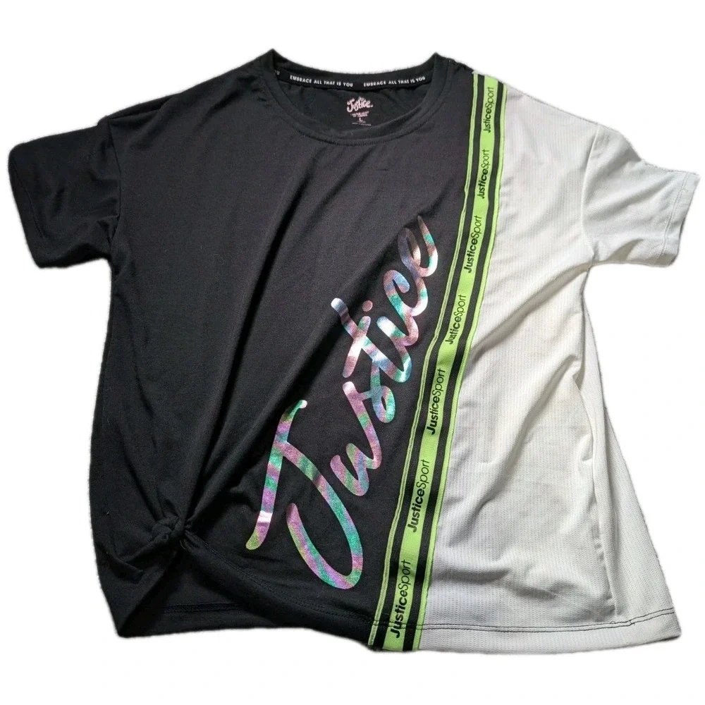 Justice Sports‎ Girls T-Shirt Top Justice Foil Graphic Logo T-Shirt Size L 12-14